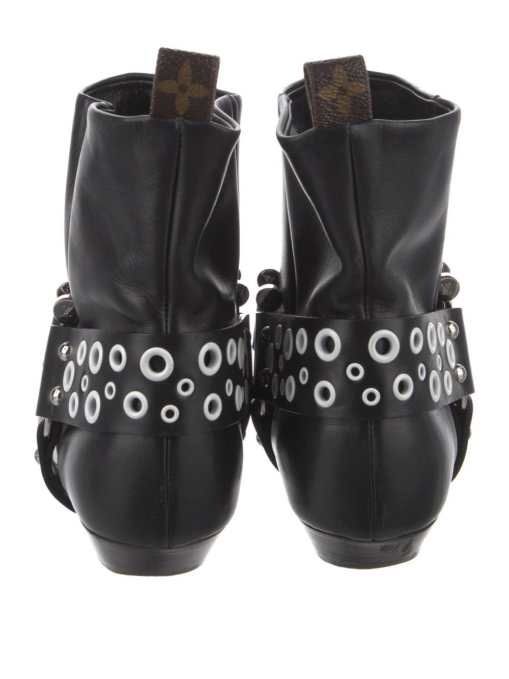 Louis Vuitton Black Leather Ankle Boots with White Eyelet Strap. Rhapsody